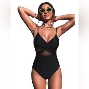 Cupshe M Forest Adventure Solid Mesh Wrap Front Cutout Black One Piece Swimsuit